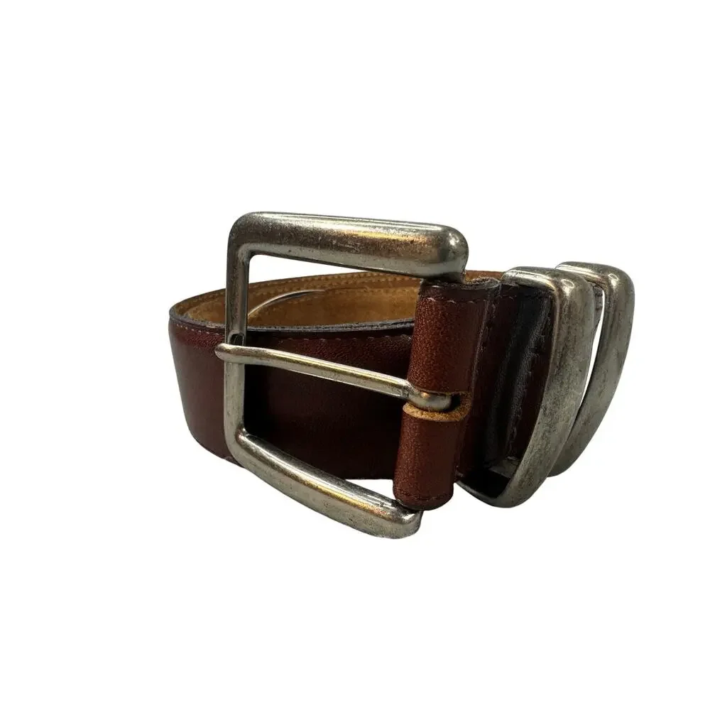 Leather Belt Silver Buckle Western Strap Brown Vintage